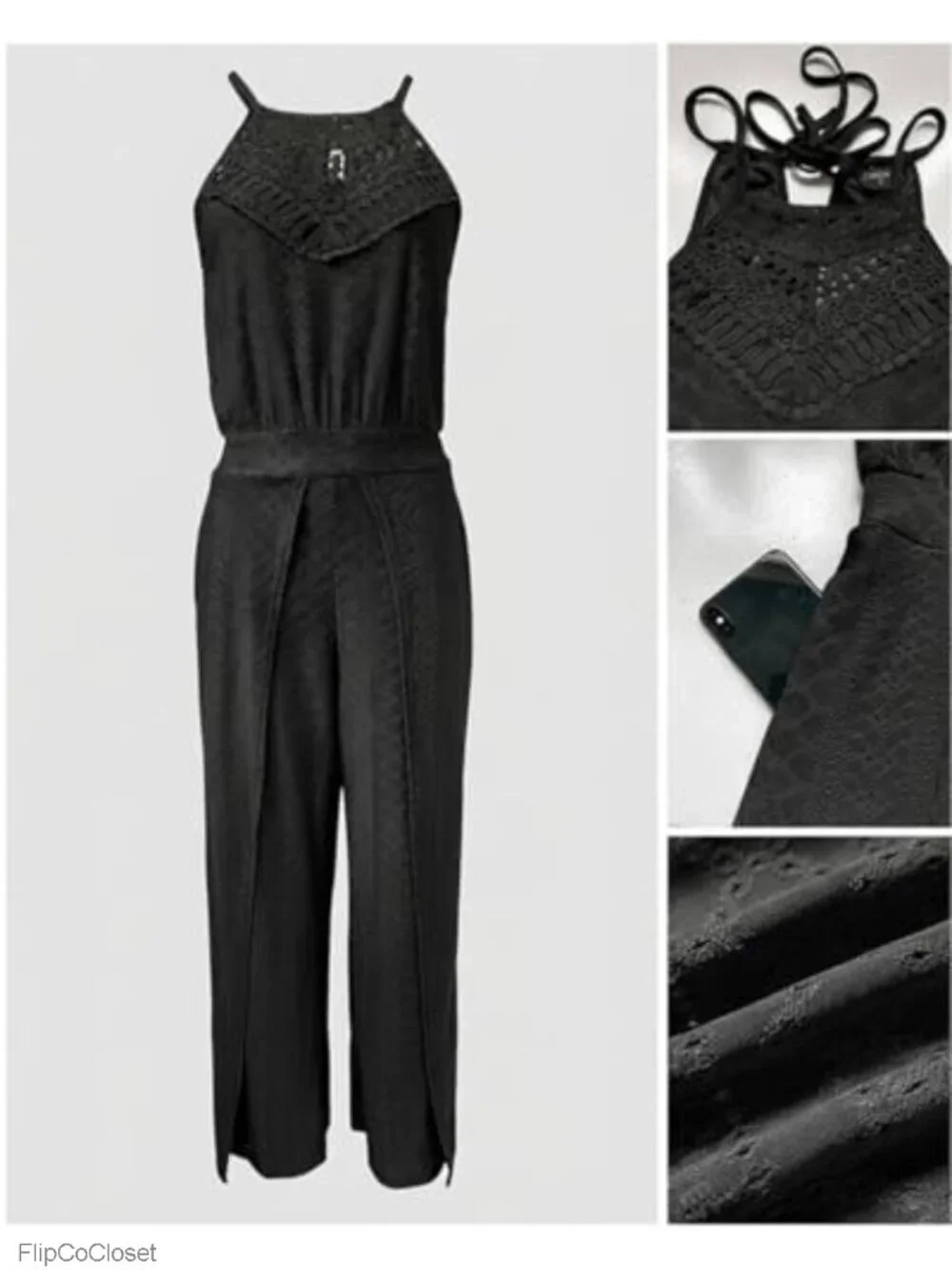 Women's Eyelet Halter Jumpsuit High Waist Wide Leg One Piece Outfit